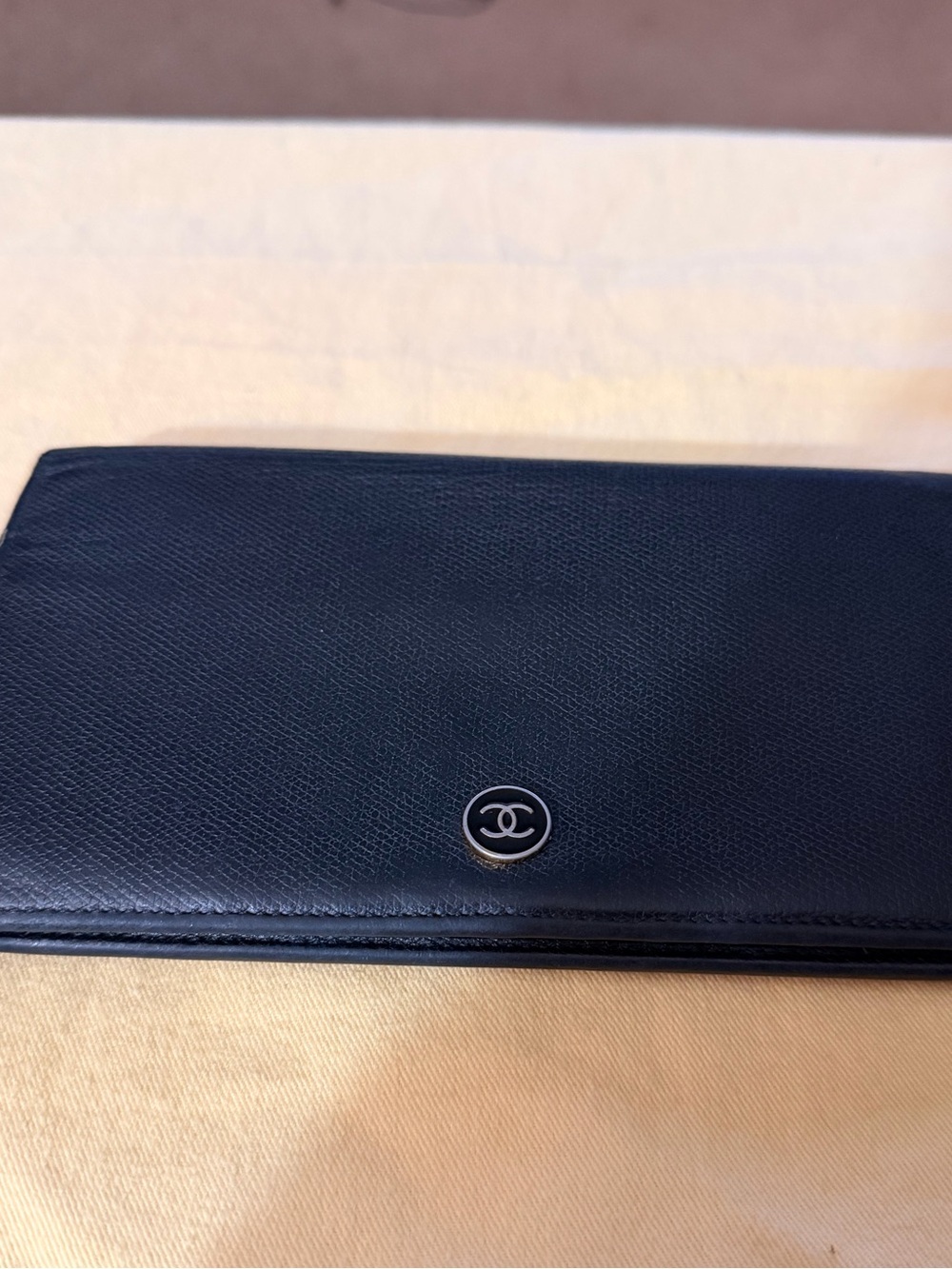 CHANEL Black Leather Trifold Wallet with Authentication Card